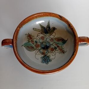 Handcrafted Ceramic Bird Bowl With 2 Handles in Brown and Blue - Artist Signed